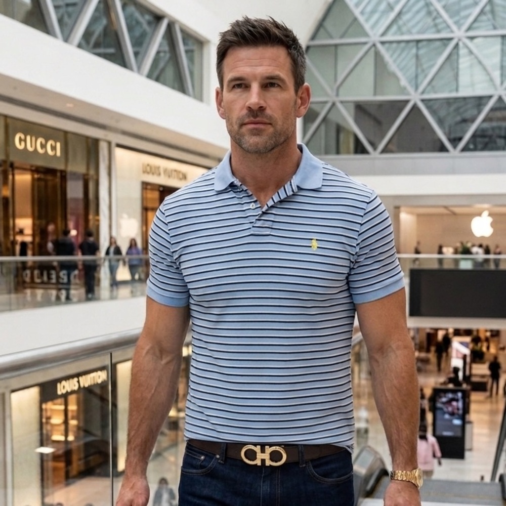Polo by Ralph Lauren Light Blue & Navy Striped Polo with Yellow Pony